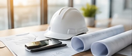 Hard hat, blueprints and phone on a desk